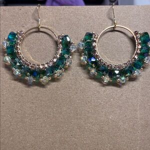 Elegant Gold and Green Crystal Hoop Earrings - Handmade